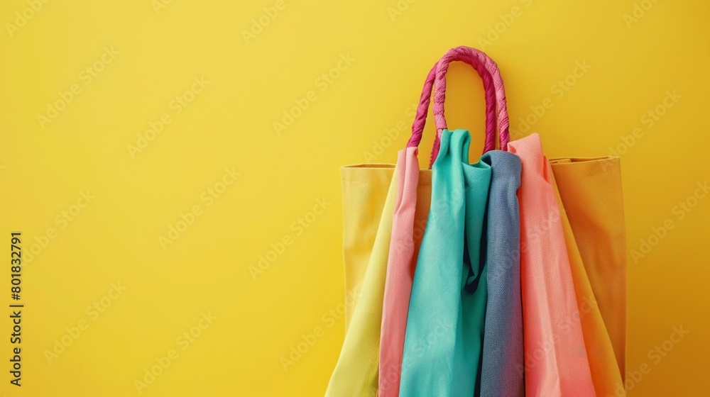 A vibrant shopping bag filled with colorful items on a bright yellow background with plenty of copy space for text.