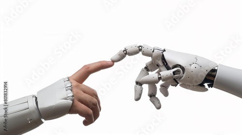 Detailed shot of a robotic and human hand interlocking fingers