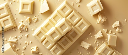A close shot and top view of cracked white chocolate pieces on plain white backdrop with a top view and big space for text or product advertisement, Generative AI. photo