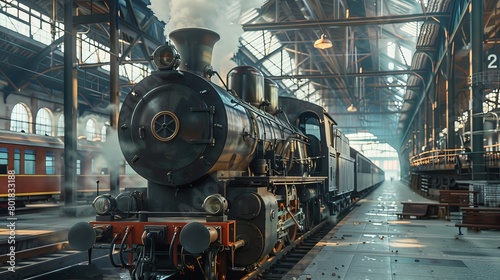 A railway station with a large steam locomotive