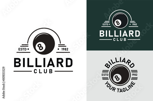 Billiard Club Sports Design with Black Ball number 8. Vintage Retro on light and dark background © Ahmad