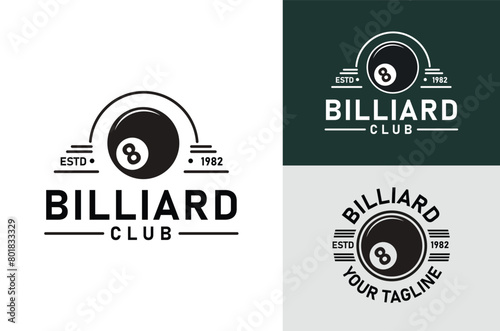 Billiard Club Sports Design with Black Ball number 8. Vintage Retro on light and dark background