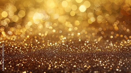 A bunch of gold glitter on a brown background. There are many tiny circles of light in the photo, and the overall effect is one of a glittering, sparkling surface.