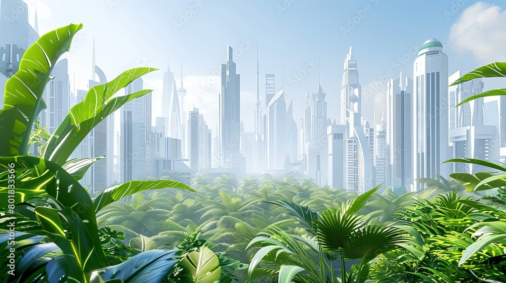 Product photo featuring a jungle clearing with a futuristic city skyline in the background Product photo featuring a jungle clearing with a futuristic city skyline in the background