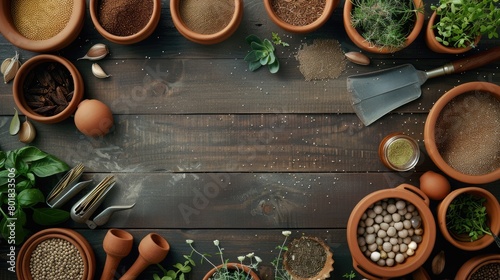 A wooden table adorned with flowerpots filled with plants and gardening tools, enhancing the landscape of a residential area AIG50