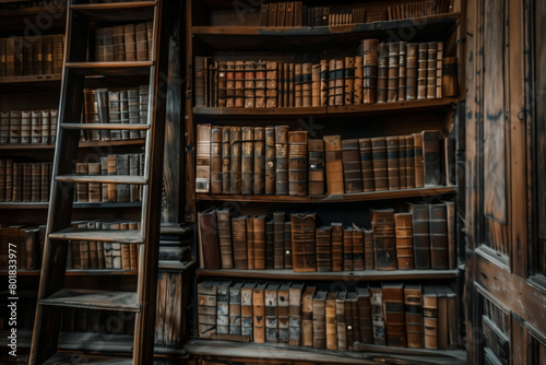 Antique library with towering wooden shelves filled with ancient books, mysterious and enchanting