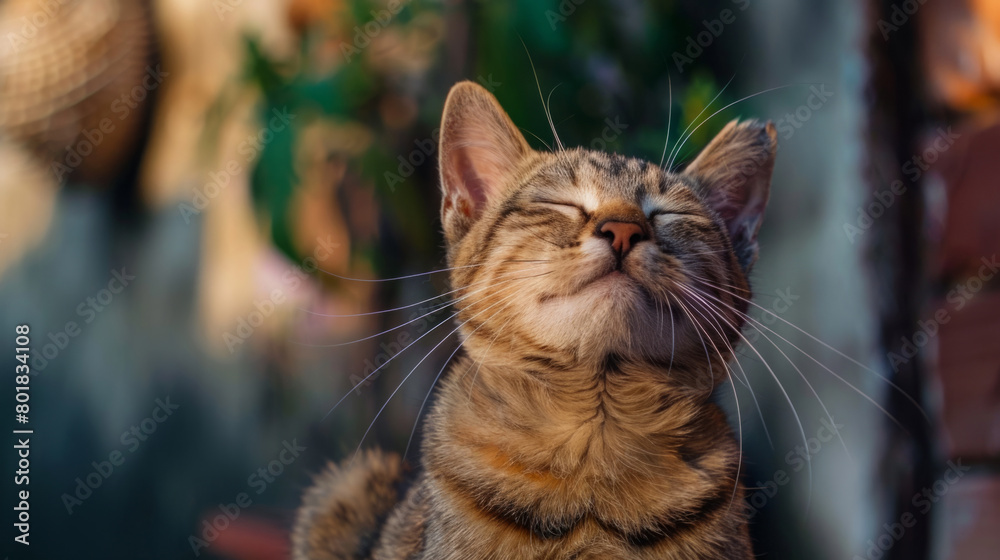 Close-up of a contented cat sitting up with eyes closed peacefully relaxing and satisfied