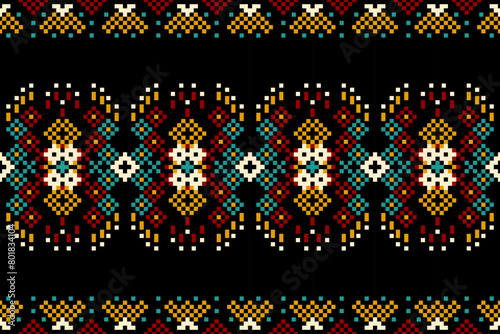 Pixel ethnic pattern, Vector embroidery pattern background, Geometric traditional triangle style, Blue and orange pattern knitting vintage, Design for textile, fabric, batik, kaftan, fibres