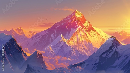 Vector-style app icon featuring an expansive scene looking up at Mount Everest as a team climbs it on a clear day with a golden sunrise