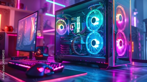 Custom gaming PC build, neon case lights, low angle, performance art 