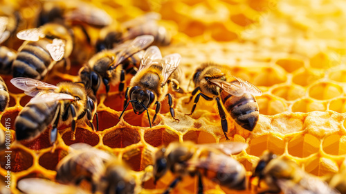 Closeup of honey bees on a honeycomb
