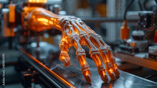 3D printer creating a prosthetic hand, warm workshop light, close-up, innovation in healthcare 