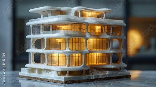 Finished 3D printed architectural model, bright studio light, eye-level, precision design 