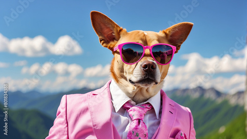 A small dog in a suit and sunglasses is standing in front of a mountainous landscape.