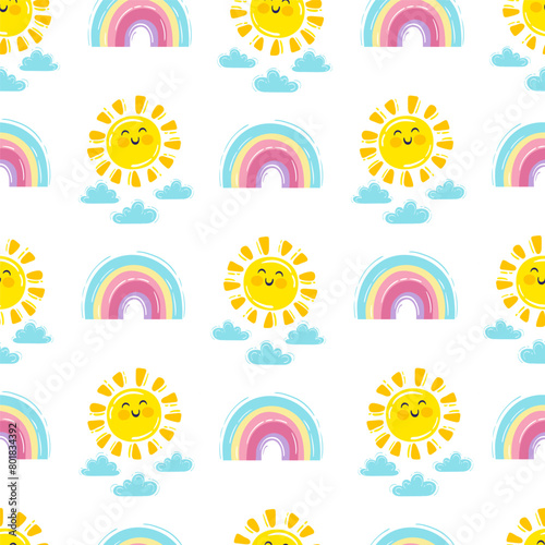 Hand drawn vector illustration. Seamless pattern with cute rainbow, rain cloud and smiling sun © Nataliia