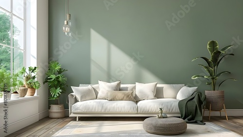 Contemporary monochrome living room with sage green accent wall and houseplants. Concept Monochrome Decor, Sage Green Accent, Houseplants, Living Room Design