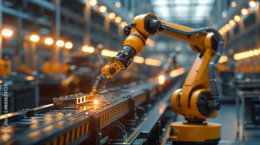 Car manufacturing robot arm, intense factory light, side angle, precision assembly Car manufacturing robot arm, intense factory light, side angle, precision assembly
