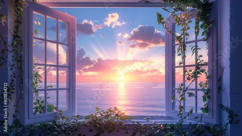 An illustration of an open window looking out onto a sunset over the ocean. The window is framed by pink-colored walls and there are plants sitting on the ledge. photo