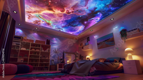 A bedroom ceiling adorned with graffiti art  showcasing a whimsical galaxy under the glow of LED stars  while a soft  colorful rug invites you to unwind and escape into the cosmic realm.