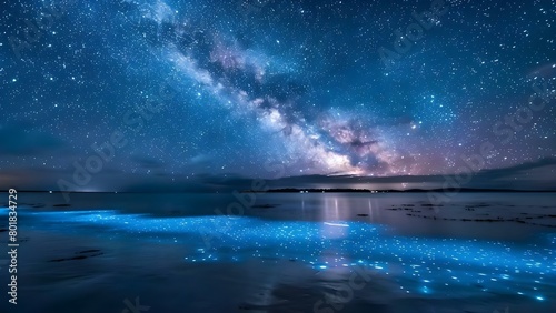 Bioluminescent bay water sparkles beneath Milky Ways night sky beauty . Concept Astrophotography, Bioluminescence, Night Photography, Nature Photography, Sparkling Water photo