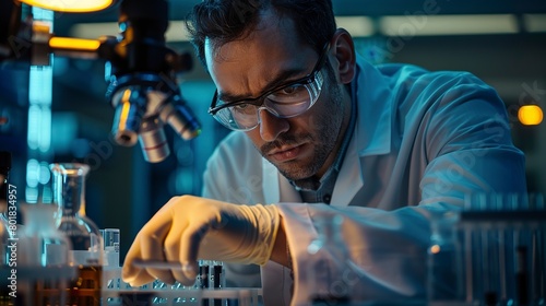 Scientist adjusting nanotech material  dim lab light  over-the-shoulder  precise engineering