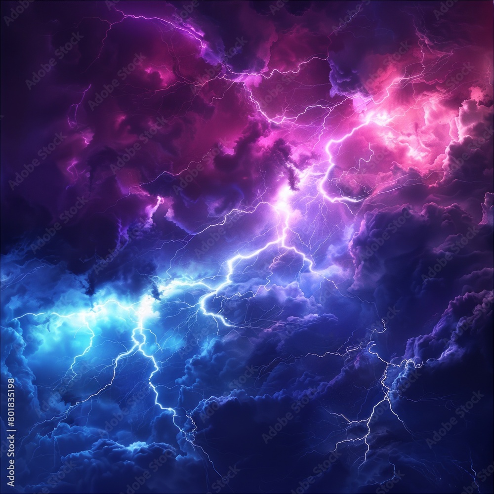 A colorful sky with purple and blue clouds and lightning bolts
