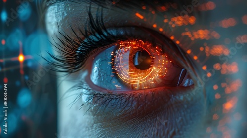 Biometric data encryption, dim security light, eye-level, protecting identity 