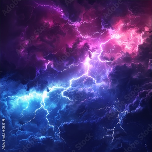 A colorful sky with purple and blue clouds and lightning bolts