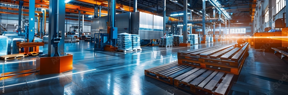 Fototapeta premium Efficient Industrial Warehouse with Advanced Machinery and Organized Workstations for Optimized Logistics and Production