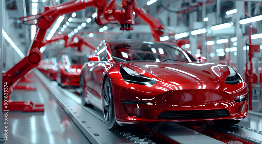 Fototapeta premium Cutting Edge Electric Car Manufacturing in a Futuristic Factory Setting