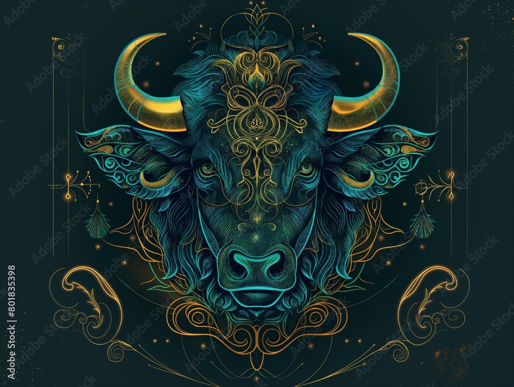 An intricate artwork featuring a stylized bull's head with celestial and zodiac elements in a dark, mystical setting.