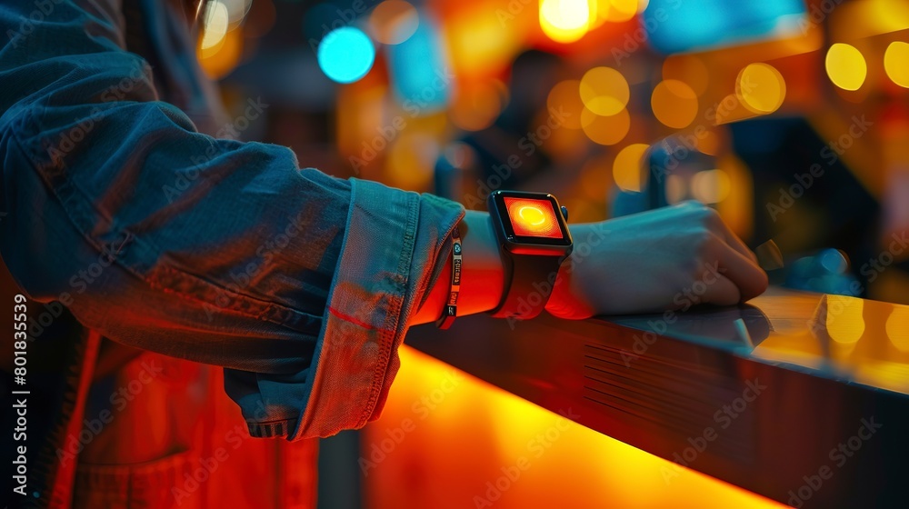 Contactless payment with smartwatch, soft ambient light, close-up, quick checkout 