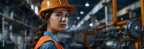 Skilled Female Construction Worker in Uniform Overseeing Industrial Factory with Machinery and Equipment © pisan thailand