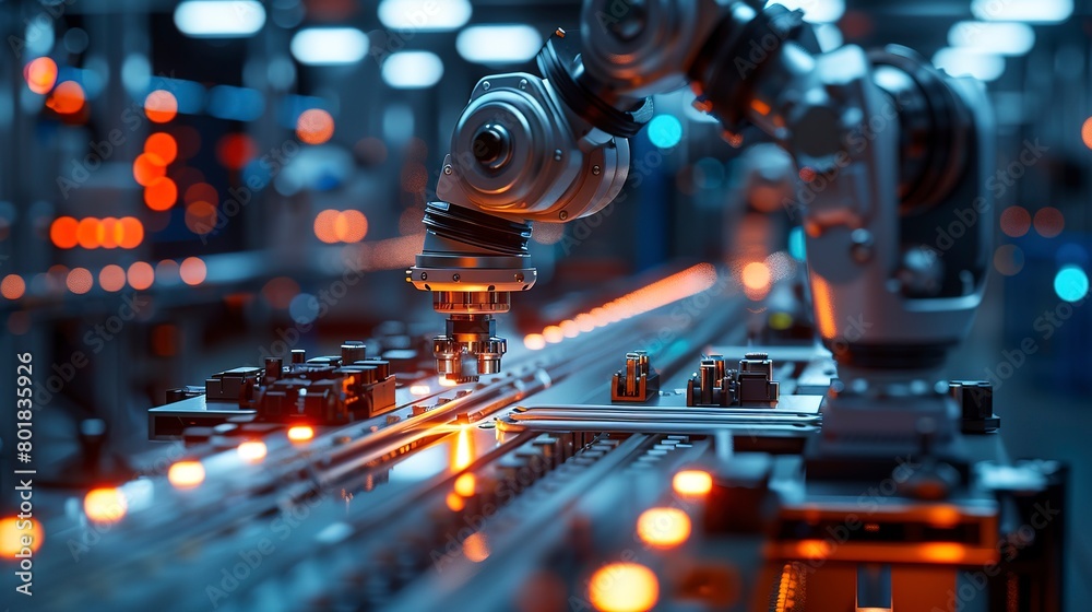 Fototapeta premium Robotic arm assembly line, bright factory light, close-up, automation in action 