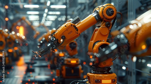 Robotic arm assembly line, bright factory light, close-up, automation in action