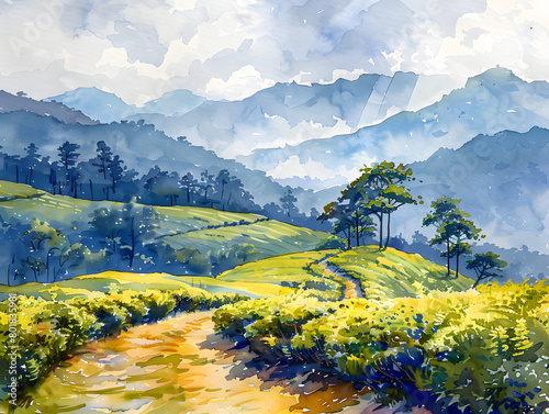 A painting of a green valley with a small house on top, surrounded by mountains. 