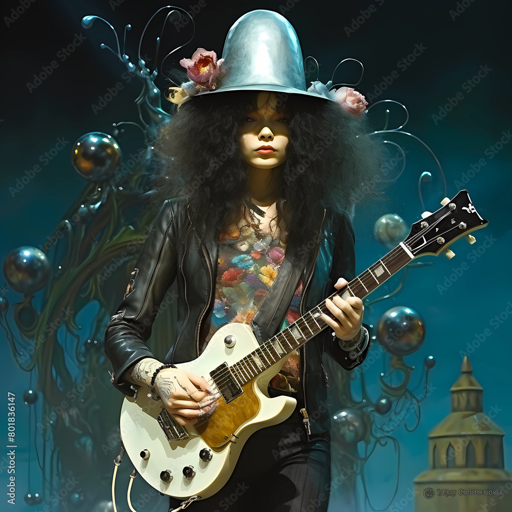 Young woman with her electric guitar, stage lighting atmosphere Both dark and light have high contrast, generative ai illustration. 