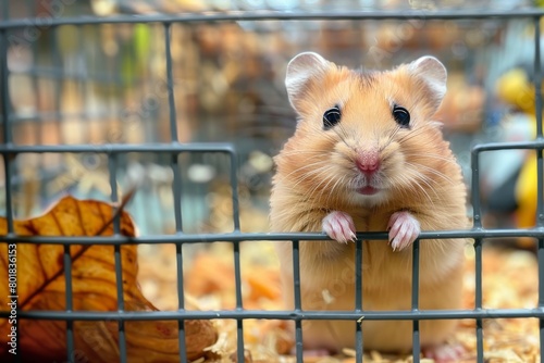 A beautiful hamster in a cage. The concept of caring for a rodent, a pet. The pet is locked in a cage