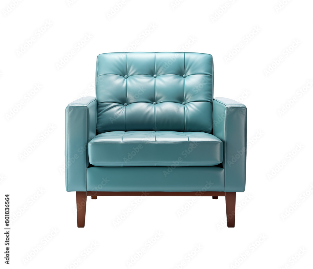 Modern chair with tufted details and wooden legs, isolated on a transparent background. Generative AI