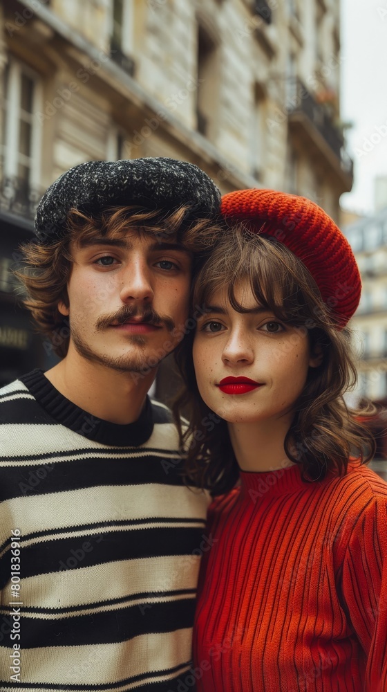 A portrait of a typical young French man in a striped black and white sweater, a beret, and with a mustache, next to a typical young French woman in a striped sweater and a red beret with red lipstick A portrait of a typical young French man in a striped black and white sweater, a beret, and with a mustache, next to a typical young French woman in a striped sweater and a red beret with red lipstick