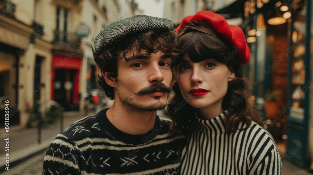 A portrait of a typical young French man in a striped black and white sweater, a beret, and with a mustache, next to a typical young French woman in a striped sweater and a red beret with red lipstick