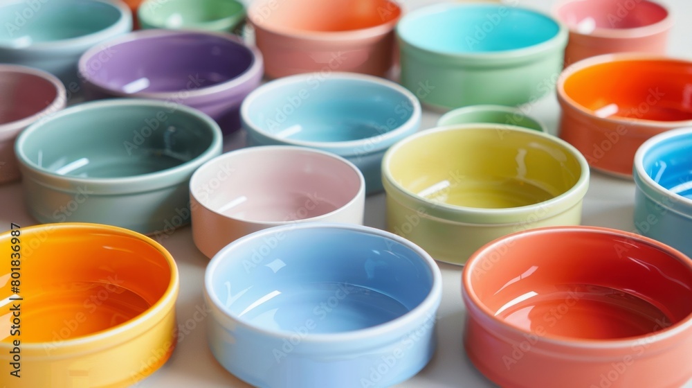 A group of ceramic pet bowls arranged in a rainbow pattern showcasing the wide range of colors available for customization and how they can add a touch of fun to mealtime.. A group of ceramic pet bowls arranged in a rainbow pattern showcasing the wide range of colors available for customization and how they can add a touch of fun to mealtime..