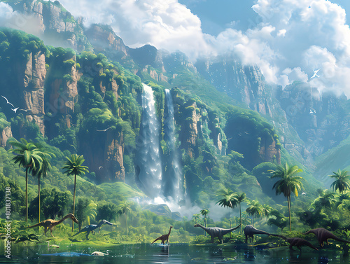 A waterfall surrounded by a dense jungle with three dinosaurs roaming. © wing