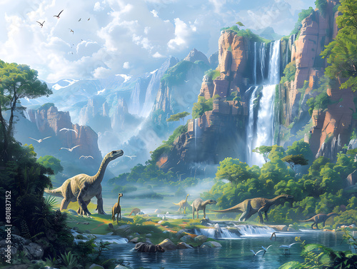 Fototapeta Naklejka Na Ścianę i Meble -  A waterfall surrounded by a dense jungle with three dinosaurs roaming.