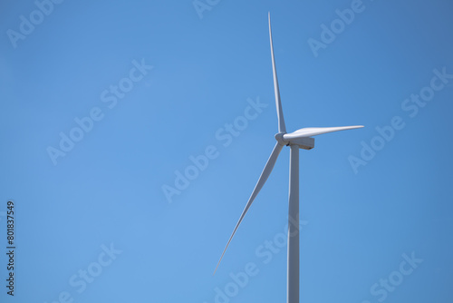 Wind turbine is standing tall in blue sky, Wind energy. Wind power. Sustainable, renewable energy. Wind turbine generate electricity. Sustainable resources. Green technology for energy sustainability.