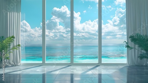 Virtual yoga room backdrop with serene ocean view for peaceful meditation . Concept Virtual Backgrounds  Yoga Room  Ocean View  Peaceful Meditation