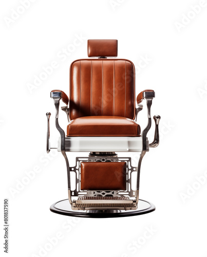 modern barber chair in leather with chrome accents and footrest, on a white background. Generative AI