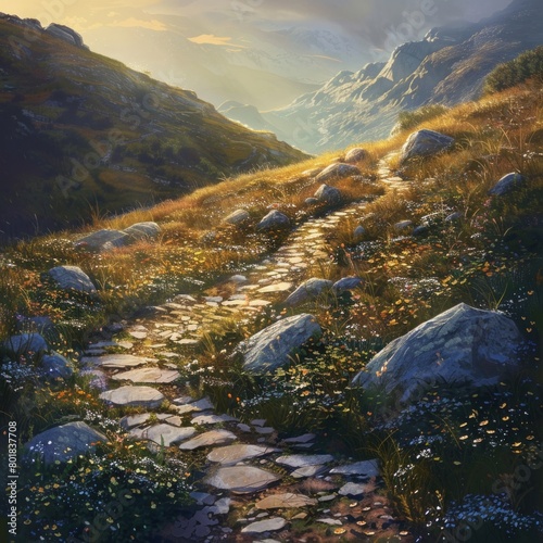 A painting of a mountain path with rocks and grass