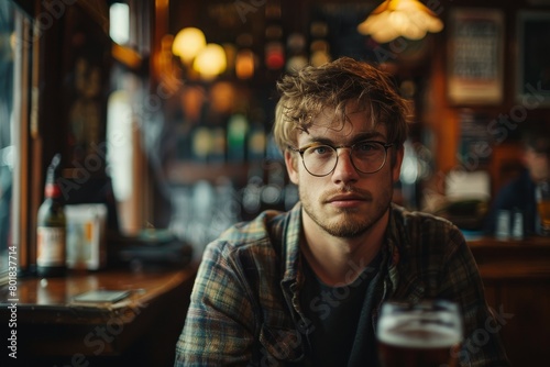 An atmospheric portrait of a typical young handsome red-haired Irish man in an Irish pub.
