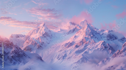 A majestic mountain range covered in snow, viewed at dawn, where the peaks glow with the soft pink light of the rising sun against a crisp blue sky